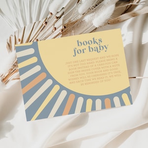 Libros editables para bebé, tarjeta insertable, Boho Sun, un pequeño rayo de sol, retro Boho, aquí viene el hijo, baby shower azul amarillo a88