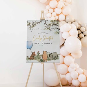 Cartello modificabile per baby shower di benvenuto, classico poster per baby shower di benvenuto di Winnie the Pooh, Winnie the Pooh Boy, modifica tutto il testo, modello Canva, a70