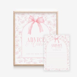 Bewerkbaar bord met advies en wensen en notitiekaart, roze strik bloemen toile babyshower activiteit, chinoiserie, strik, canvassjabloon, HPS47p