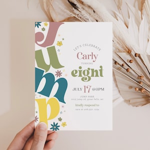 Jump Birthday Invitation, Retro Girl Trampoline Birthday Party Invite, Bounce Invitation Template,Modern Jump Printable,DIY with Corjl,a81