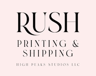 May include: A pale pink square graphic featuring the black text RUSH PRINTING & SHIPPING in a large serif font, with the smaller text HIGH PEAKS STUDIOS LLC centered below it in a simple, clean, black sans-serif typeface.