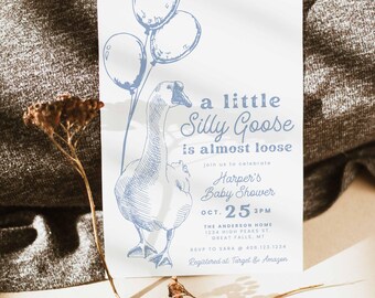 Silly Goose Baby Shower Invitation Boy, Hand Drawn Modern Baby Shower Invite, Dusty Blue Goose On the Loose and Balloons,Edit in Canva,HPS50
