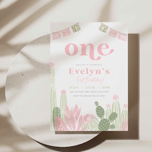 Premier anniversaire Cactus Fiesta modifiable, imprimable, fichier numérique sur toile une plante succulente du désert mexicain floral fille, a158p