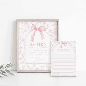 Bewerkbare roze strik tijdcapsule bord- en notitiekaartenset printables, vintage Franse bloementoilemeisje, elegante roze strik, canvabestand, HPS47p