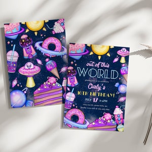 Cosmic Galaxy Birthday Invitation Girl Printable, Cosmic Candy Retro Party Template, Out of this World, Candy Sweets Birthday Canva a136 image 2