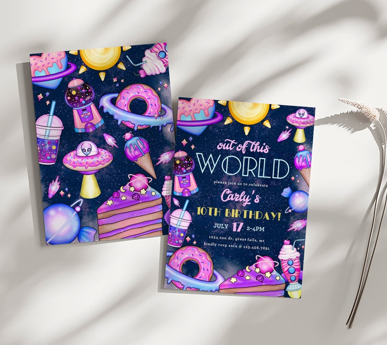 Cosmic Galaxy Birthday Invitation Girl Printable, Cosmic Candy Retro Party Template, Out of this World, Candy Sweets Birthday Canva a136 image 2