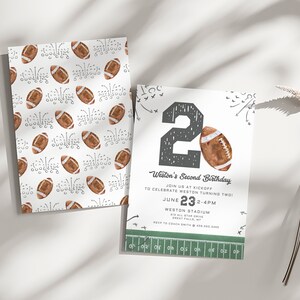 May include: Football-themed birthday invitation and matching envelope. The invitation features a large number "2" and a watercolor football. The envelope has a repeating pattern of footballs and play diagrams. The invitation text reads "Weston's Second Birthday".