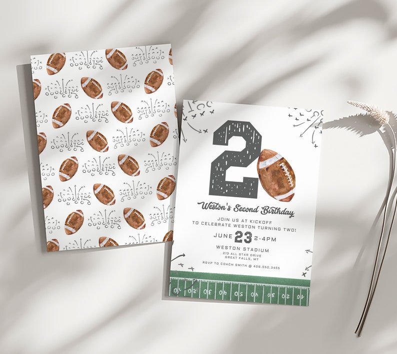 May include: Football-themed birthday invitation and matching envelope. The invitation features a large number "2" and a watercolor football. The envelope has a repeating pattern of footballs and play diagrams. The invitation text reads "Weston's Second Birthday".