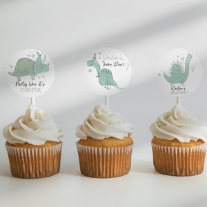 Editable Dinosaur Cupcake Toppers, Dino Three Rex Birthday boy Cake Topper Printable,T-Rex Cupcake Topper, DIY Birthday Cupcake Toppers,a64