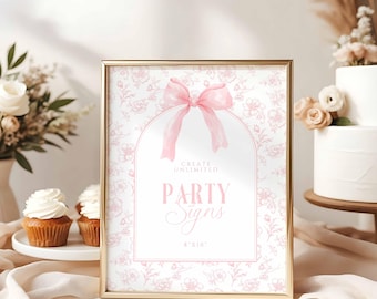 Letrero de fiesta editable, lazo vintage rosa empolvado, plantilla de baby shower con diseño floral en toile, lazo elegante estilo chinoiserie, plantilla de Canva, HPS47p