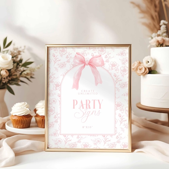 Editable Party Sign, Vintage Dusty Pink Bow, Floral Toile Baby Shower Template, Elegant Chinoiserie Coquette Bow, Canva Template, HPS47p
