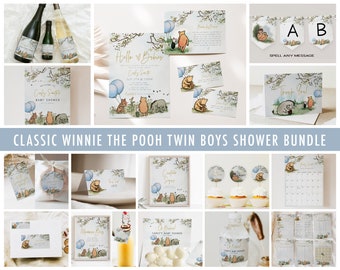 Classic Winnie The Pooh Twin Baby Shower Invitation Bundle, Boy Twin Baby Shower Decor Big Bundle Printable Set Digital Files Blue A70bb