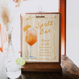 EDITIERBARE Aperol Spritz Bar Schild, Aperol Spritz Signature Drink Hochzeit, Orange Brautdusche, Vintage Stripes Canva Vorlage, HPS603g