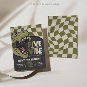 May include: Two-sided invitation with a dinosaur theme. One side features a green dinosaur head with the text "FIVE is a VIBE" and party details. The other side has a wavy checkerboard pattern in green and beige. The invitation is for Krew's 5th birthday.
