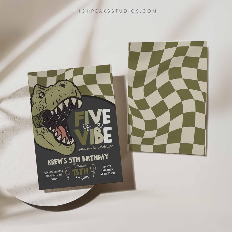 May include: Two-sided invitation with a dinosaur theme. One side features a green dinosaur head with the text "FIVE is a VIBE" and party details. The other side has a wavy checkerboard pattern in green and beige. The invitation is for Krew's 5th birthday.