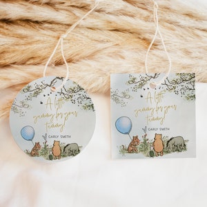 Editable Winnie The Pooh Favor Tags, Pooh Baby Shower Circle Favor Sticker Honey jar Yummy for Your Tummy Printable Welcome Bag Tag a70