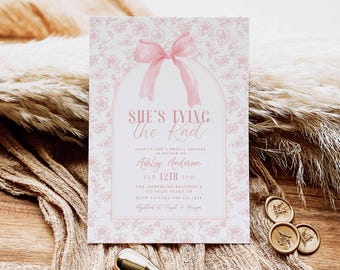 Editable She's Tying the Knot Bridal Shower Invitation Template, Elegant Coquette Pink Bow Bridal Invite, Floral Toile, Edit in Canva,HPS47p