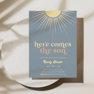 Here Comes the Son Baby Shower Invitation Printable Template Boy, Boho Sun invite, Bohemian Sunshine Digital Download, corjl a88