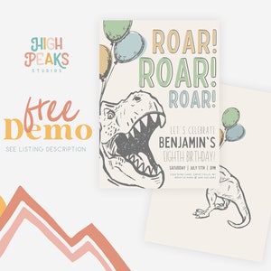 Dinosaur Party Invitation Printable Template, ANY AGE Tyrannosaurus Invite, T-Rex Prehistoric Dino Birthday Canva Template Digital File a156 image 4