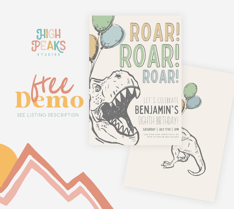 Dinosaur Party Invitation Printable Template, ANY AGE Tyrannosaurus Invite, T-Rex Prehistoric Dino Birthday Canva Template Digital File a156 image 4