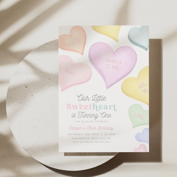 Sweetheart Birthday Invitation Template, Conversation Hearts Theme, Edit All Text, Personalize in Canva, Valentine's Day, February, HPS09