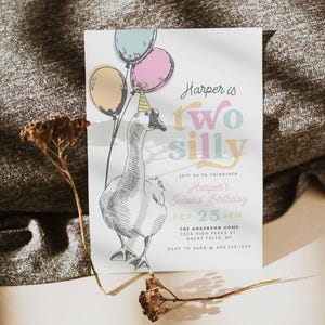 Editable Two Silly Goose Birthday Party Invitation Pink Goose Two Silly Spring 2nd Birthday Party Girl Instant Download,Edit in Canva,HPS50g