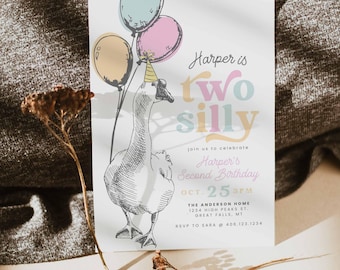 Editable Two Silly Goose Birthday Party Invitation Pink Goose Two Silly Spring 2nd Birthday Party Girl Instant Download,Edit in Canva,HPS50g