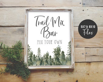 Trail Mix Bar Sign, Rustic Woodland Decor, Woodsy Greenery, Trail Mix Table Sign, Rustic wedding Decor, Printable, Instant Download,P14