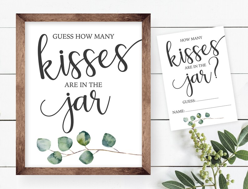 Greenery How Many Kisses in the Jar Sign Bridal Shower Game Etsy