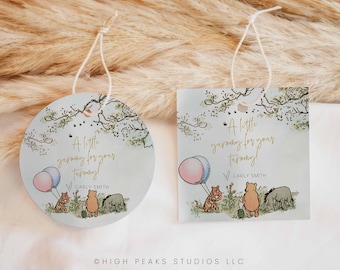 Editable Winnie The Pooh Favor Tags, Pooh Baby Shower Circle Favor Sticker Honey jar Yummy for Your Tummy Printable Welcome Bag Tag a70
