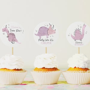 Editable Dinosaur Cupcake Toppers, Dino Three Rex Birthday Girl Cake Topper Printable,T-Rex Cupcake Topper, DIY Birthday Cupcake Toppers,a65