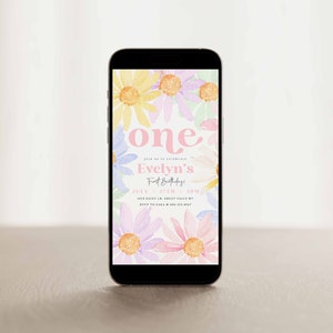 Invito digitale di compleanno con margherite pastello, invito di testo per festa di compleanno con fiori per bambine, modello di file Canva modificabile con acquerello colorato HPS32