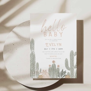 Invito modificabile per baby shower a tema cactus, invito per baby shower a tema succulento Fiesta Desert Boho neutro, file digitale Canva stampabile, a158