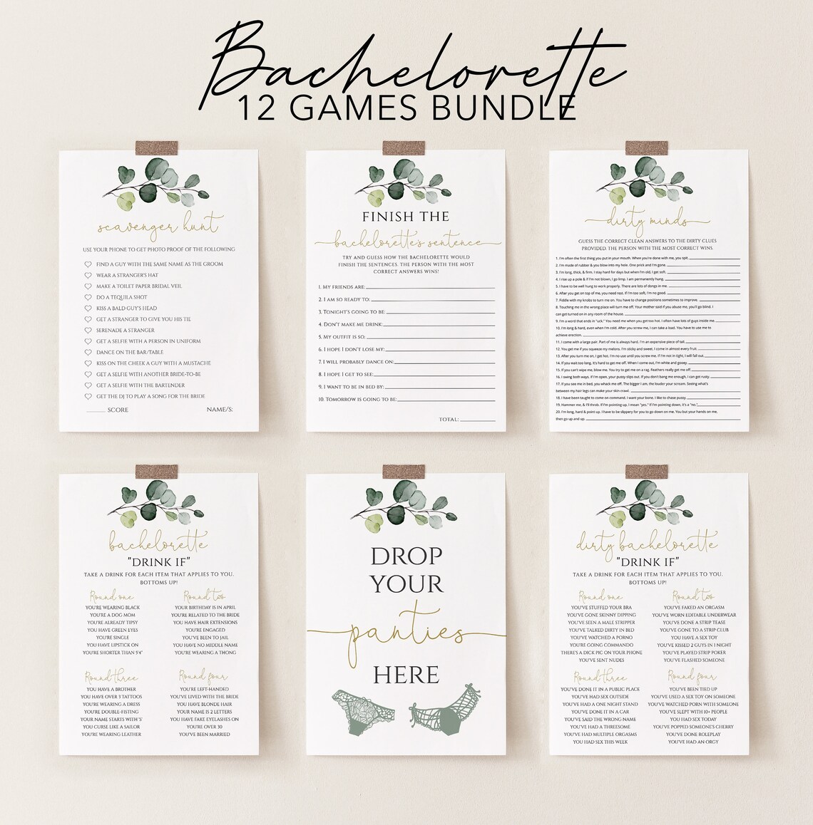 Bachelorette Party Game Bundle Card Printables Greenery | Etsy