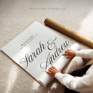 Pu&ograve; includere: Un cartello nuziale bianco con i nomi "Sarah & Andrew" in elegante scrittura. Il cartello recita "Benvenuti al matrimonio di" in alto. Sono visibili anche un poster arrotolato e un tubo di cartone marrone.