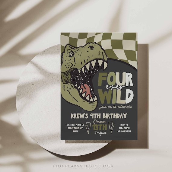 Four Ever Wild T-Rex Birthday Invitation Template, Editable Fourth Birthday Retro Checkered Dinosaur Invite, Edit in Canva, HPS804