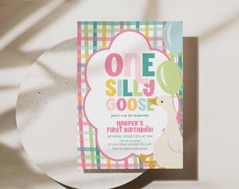 Girly One Silly Goose First Birthday Invitation, Colorful 1st Party Invite Template, Edit in Canva, HPS402p