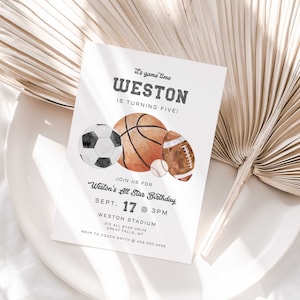 Sport Birthday Invitation, First Year Down, It&#39;s Game Time, All Star Editable Sports birthday Invite Template,Boy Birthday Invite,Evite a121