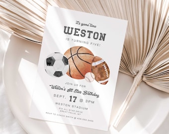 Sport Birthday Invitation, First Year Down, It's Game Time, All Star Editable Sports birthday Invite Template,Boy Birthday Invite,Evite a121