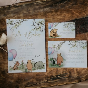 Conjunto de convites para chá de bebê gêmeo, conjunto clássico de chá de bebê gêmeo do Ursinho Pooh, conjunto de 3 cartões, arquivos digitais, a70