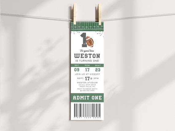 Football Birthday Invitation Ticket Printable, First Year Down, Game On Invite, Editable Any Age birthday Invite Boy Birthday Canva File,a98