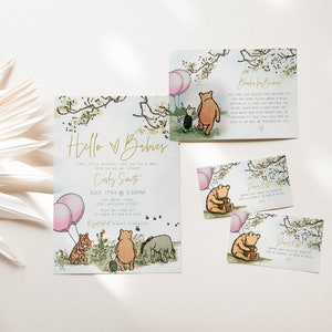 Zwillings-Babyparty-Einladungs-Paket, klassisches Winnie Pooh Zwillings-Babyparty-Set, Zwillings-Mädchen 3 Karten-Beilagen-Set, digitale Datei, a70g