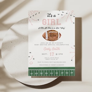 Girl Football Baby Shower Invitation Printable Template, A little all star is on her way, Canva Digital File, Edit all Text, Its a Girl,a98g