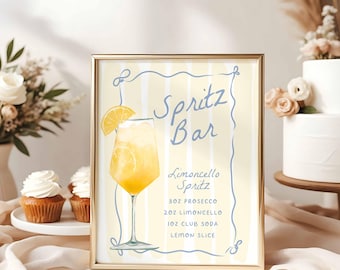 Letrero editable de Limoncello Spritz para bar, bebida exclusiva de Spritz para bodas, despedida de soltera con limón, plantilla de Canva con rayas onduladas azul claro, HPS603b