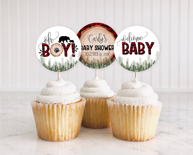 EDITABLE Cupcake Topper Template, Lumberjack Baby Shower Cupcake Treat Toppers, Circle Cupcake Toppers, Woodland Baby Shower, Pine Trees,A01 image 1