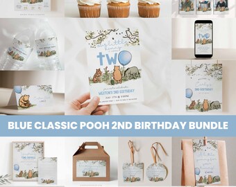 Winnie The Pooh Second Birthday Bundle Printables, Blauer Geburtstagsdekor-Set für große Jungen, bearbeitbare digitale Corjl-Vorlagen, a70b