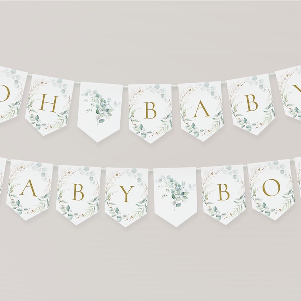 Oh Baby Wimpel Banner, grün Baby Shower Banner, buchstabiere alles, Eukalyptus und Gold, druckbare 5x7 Banner,Garten Baby Shower Banner,A30