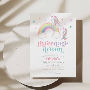 Invito modificabile per il terzo compleanno, unicorno, sogno di tre anni, invito per il terzo compleanno, invito DIGITALE da scaricare, a92