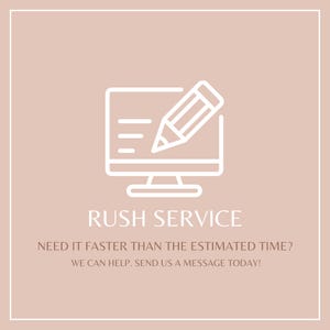 Pu&ograve; includere: Grafica quadrata con sfondo marrone chiaro e bordo bianco. L'immagine presenta un'icona bianca di un monitor di computer con linee e una matita. Il testo "RUSH SERVICE" &egrave; in basso, con il testo: "HAI BISOGNO PI&Ugrave; VELOCE DEL TEMPO STIMATO? POSSIAMO AIUTARE. INVIACI UN MESSAGGIO OGGI!"