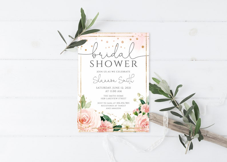 Blush Bridal Shower Invitation Template Editable Floral Etsy